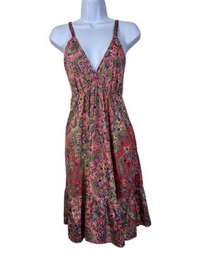 Ananta Paisley Midi Dress Tie Back OS Small Pockets Resort wear Smocked Boho
